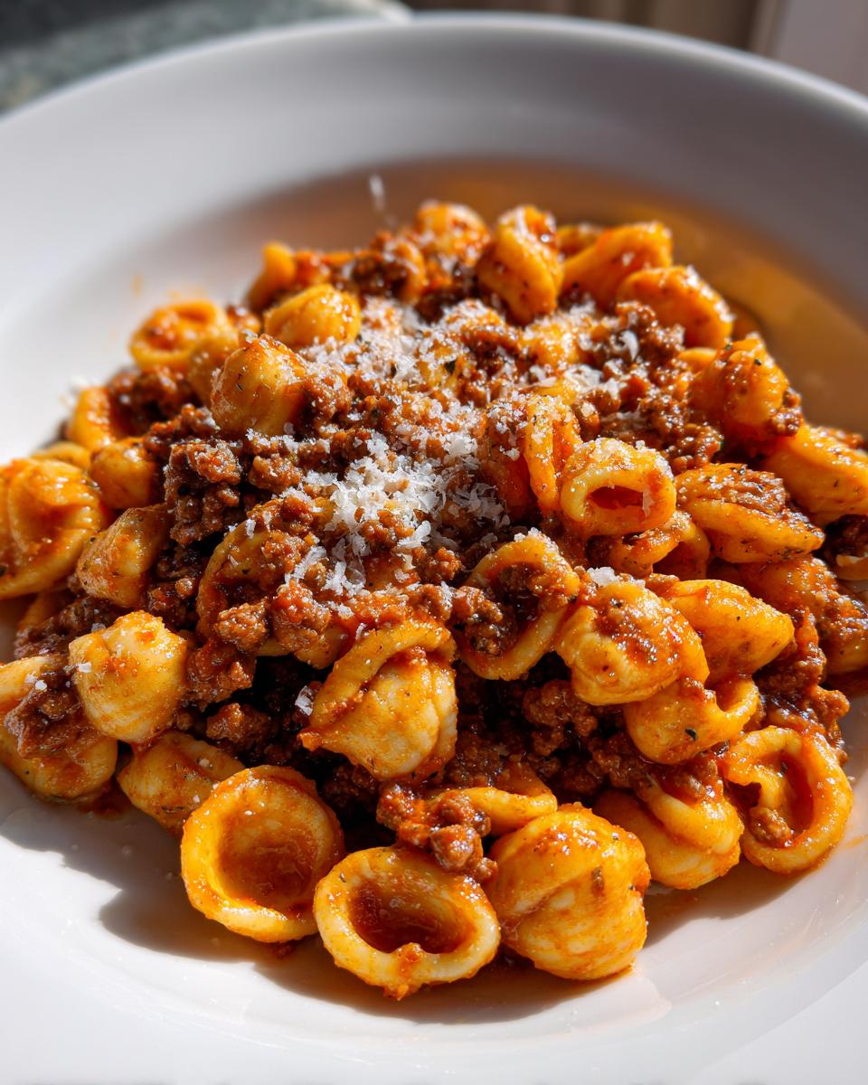 Close-up of a hearty bowl of ground beef orecchiette pasta topped with grated Parmesan cheese.
