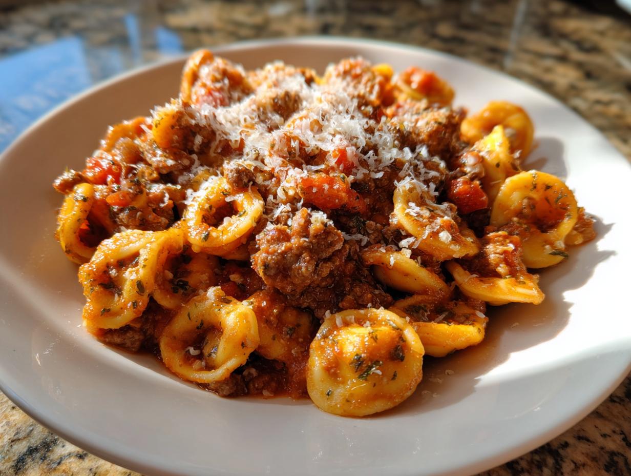 Close-up of a serving of ground beef orecchiette pasta coated in rich tomato sauce and topped with grated Parmesan.