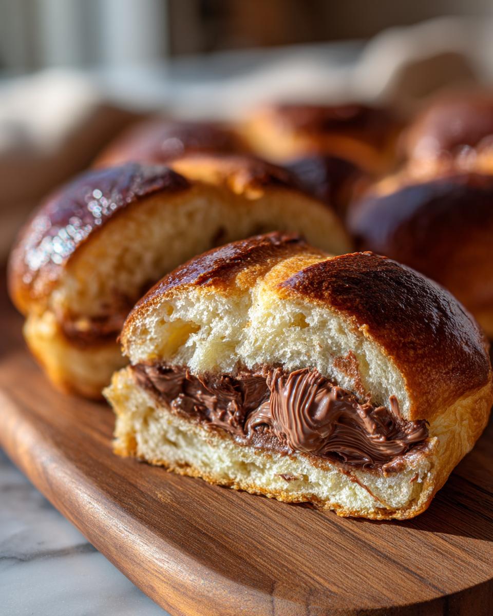 Close-up of an italian chocolate maritozzi bread sliced open, revealing a rich chocolate hazelnut filling.