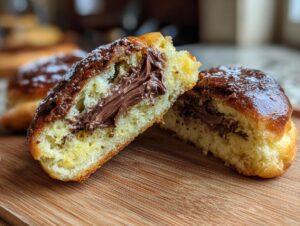 A close-up of an Italian chocolate maritozzi bread cut in half, showing the fluffy interior and rich chocolate filling.