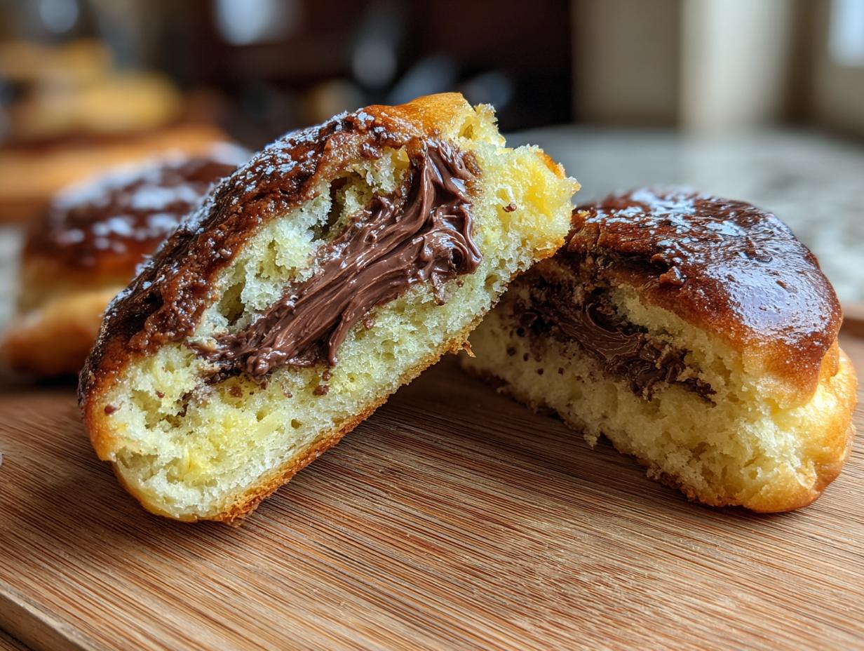 A close-up of an Italian chocolate maritozzi bread cut in half, showing the fluffy interior and rich chocolate filling.