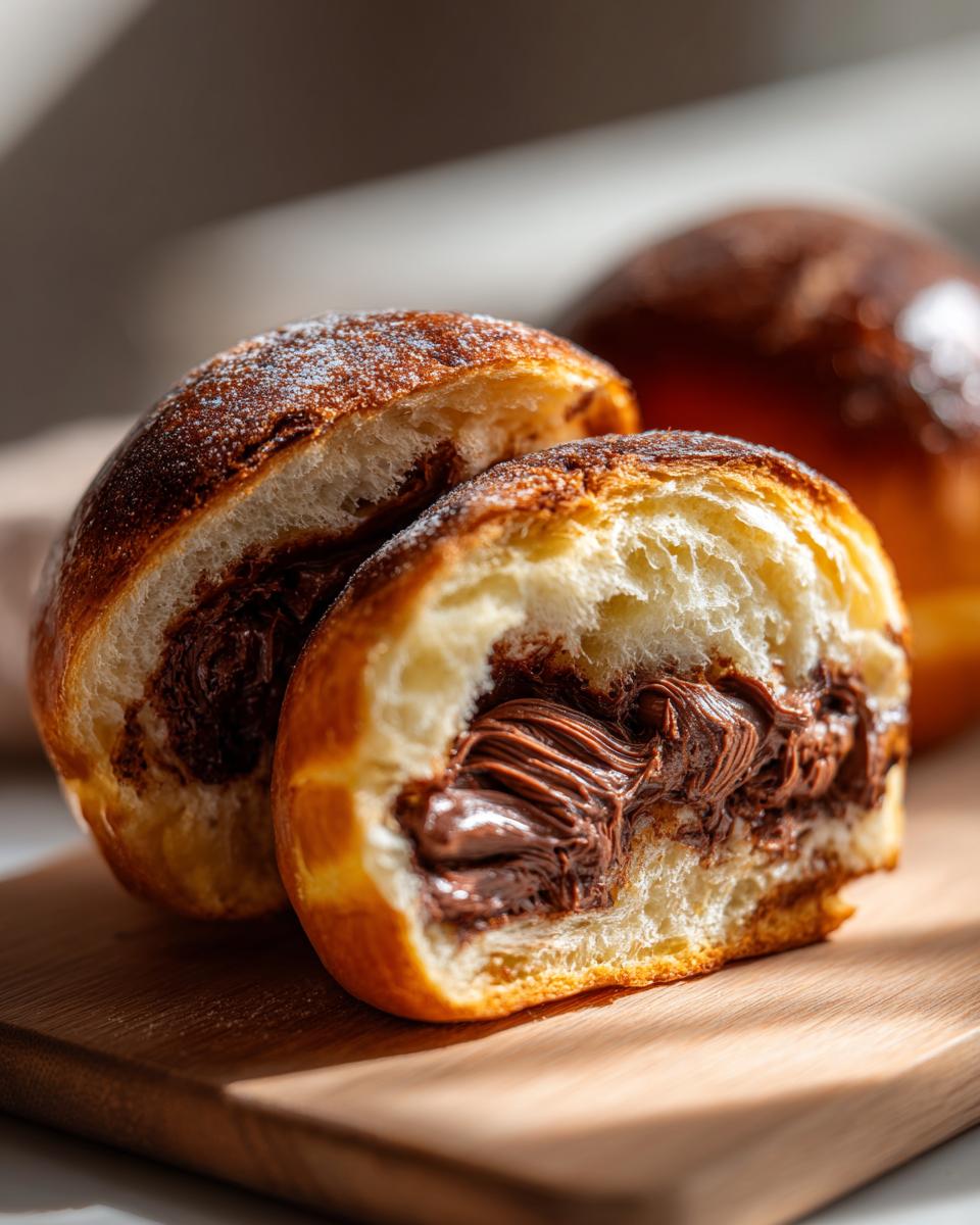 Close-up of an italian chocolate maritozzi bread cut in half, showing fluffy interior and rich chocolate hazelnut filling.