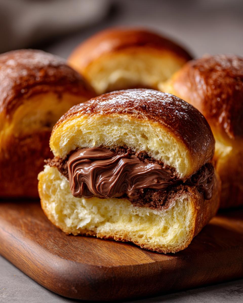 Close-up of an Italian chocolate maritozzi bread cut open, revealing a generous swirl of creamy chocolate filling.