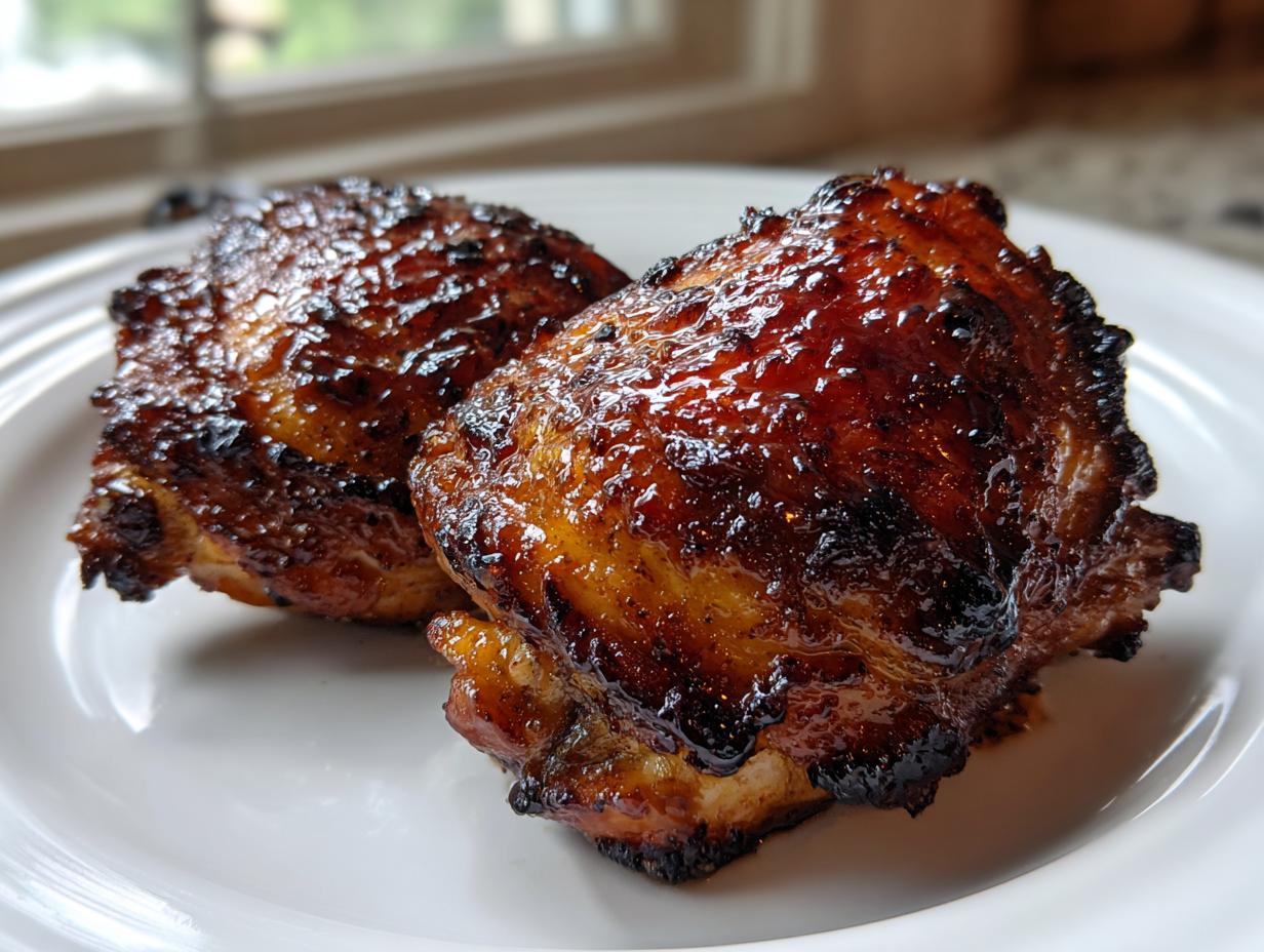Two perfectly cooked, glossy marinated chicken thighs with a dark, caramelized glaze resting on a white plate.