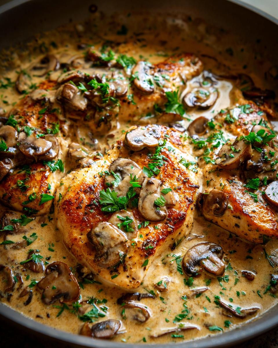 Close-up of pan-seared chicken breasts covered in a rich, creamy mushroom chicken sauce and garnished with parsley.