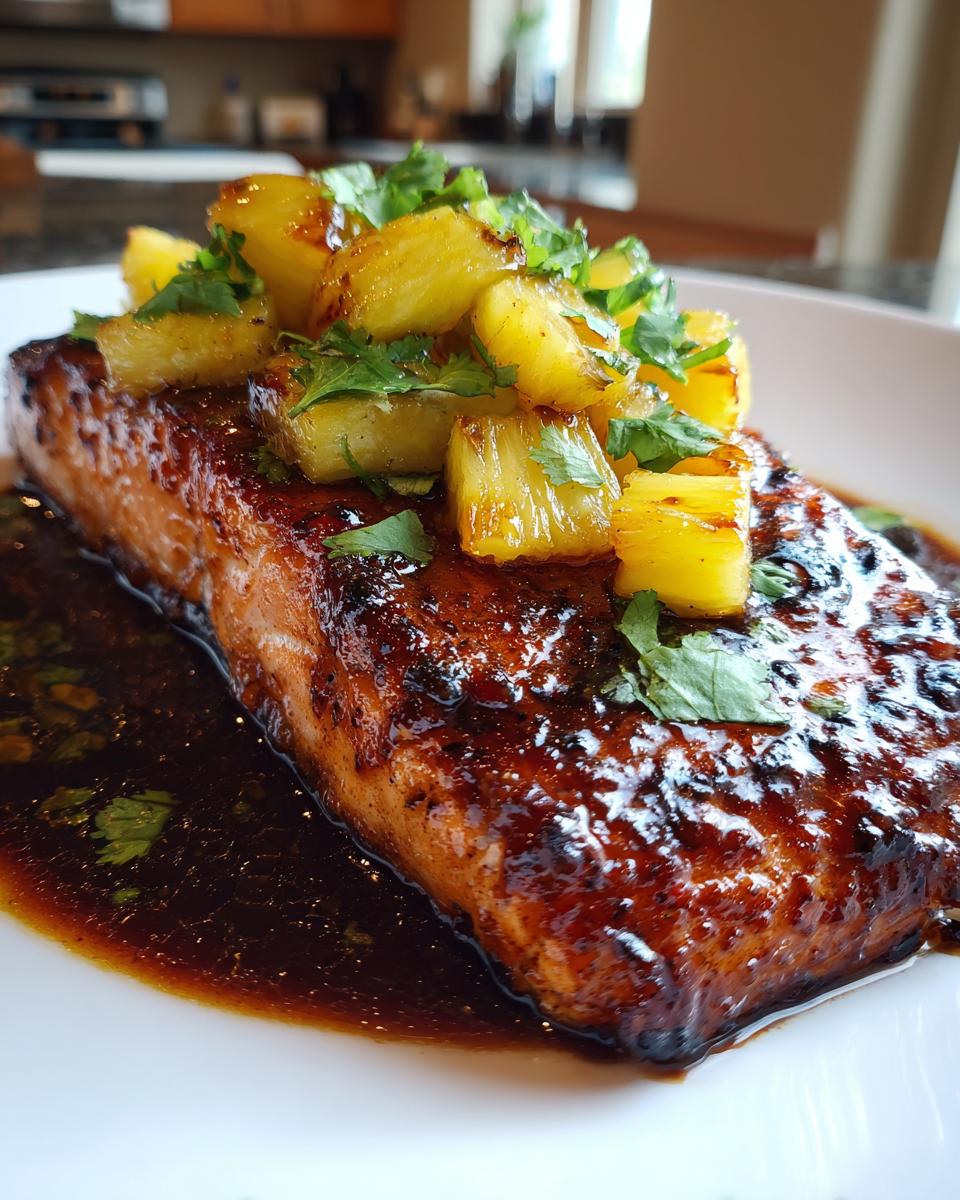 Close-up of a glazed pineapple salmon fillet topped with caramelized pineapple chunks and fresh cilantro.