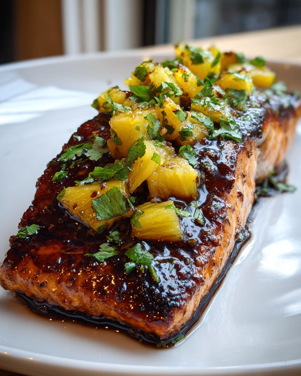 Close-up of a glazed pineapple salmon fillet topped with diced pineapple and fresh cilantro.