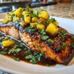 Close-up of a perfectly cooked pineapple salmon fillet glazed in a dark sauce and topped with diced pineapple and fresh parsley.