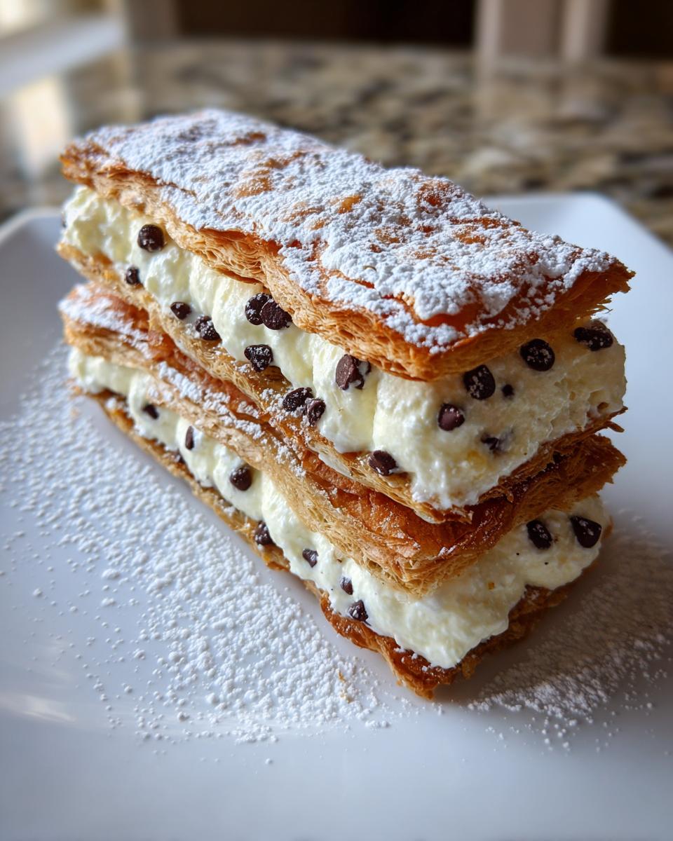 A layered puff pastry cannoli napoleon dessert filled with cream and mini chocolate chips, dusted with powdered sugar.