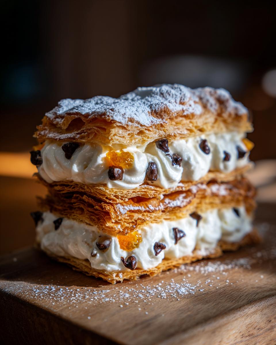 A decadent slice of puff pastry cannoli napoleon layered with cream, chocolate chips, and candied fruit.