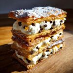 A tall stack of puff pastry cannoli napoleon layers filled with cream, chocolate chips, and powdered sugar.