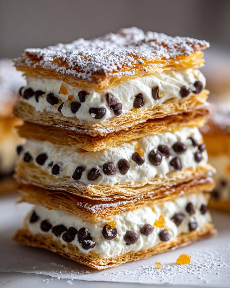 Close-up of a stack of three puff pastry cannoli napoleon layers filled with cream and mini chocolate chips, dusted with powdered sugar.