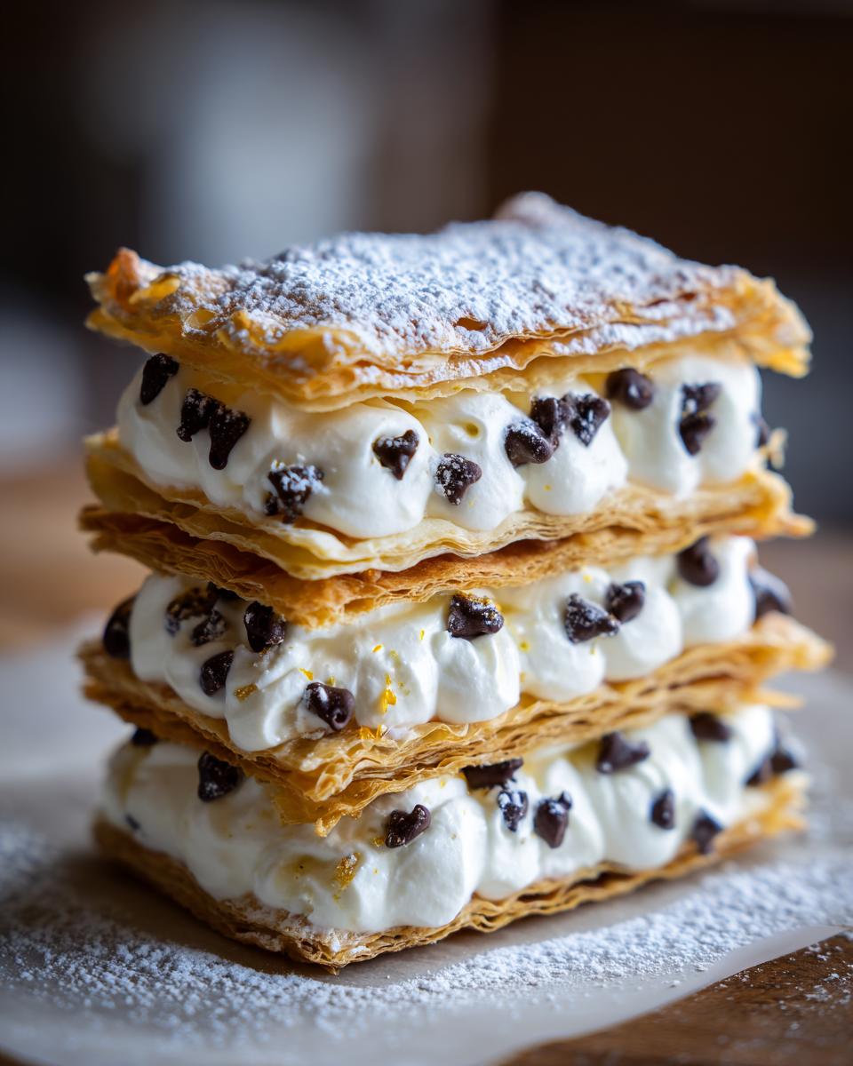 A tall stack of puff pastry cannoli napoleon layers filled with cream and chocolate chips, dusted with powdered sugar.