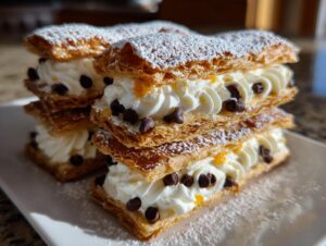 Close-up of stacked puff pastry cannoli napoleon pastries filled with cream and chocolate chips, dusted with powdered sugar.