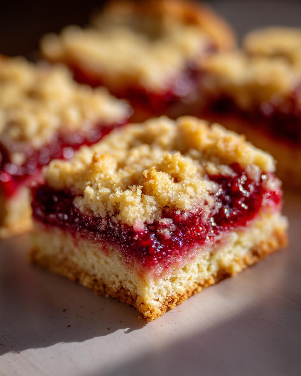 A close-up, macro shot of a single square of raspberry shortbread bars showing the thick jam layer and crumb topping.