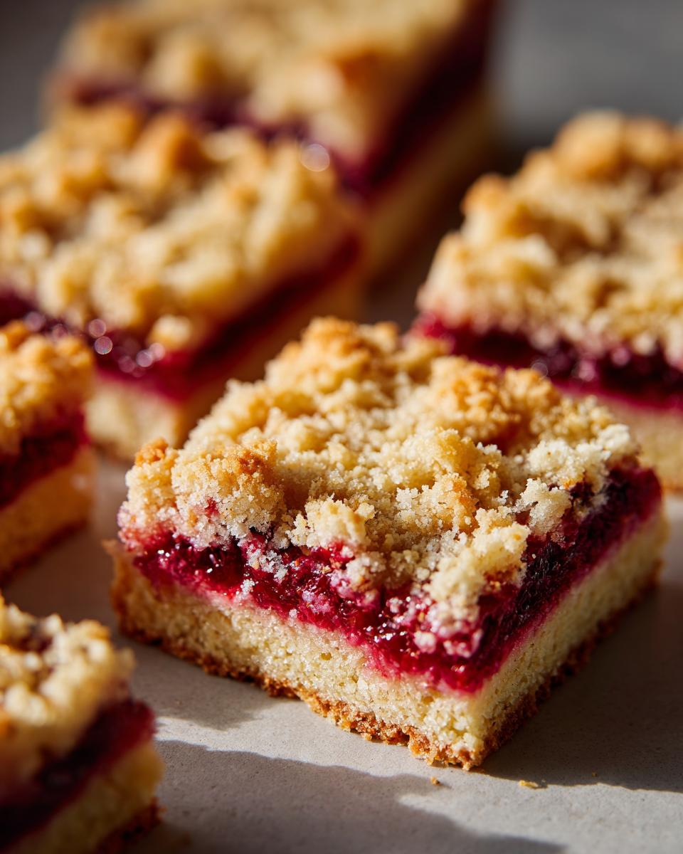 A close-up, focused shot of a freshly cut raspberry shortbread bars square with a thick layer of bright red raspberry filling and crumb topping.