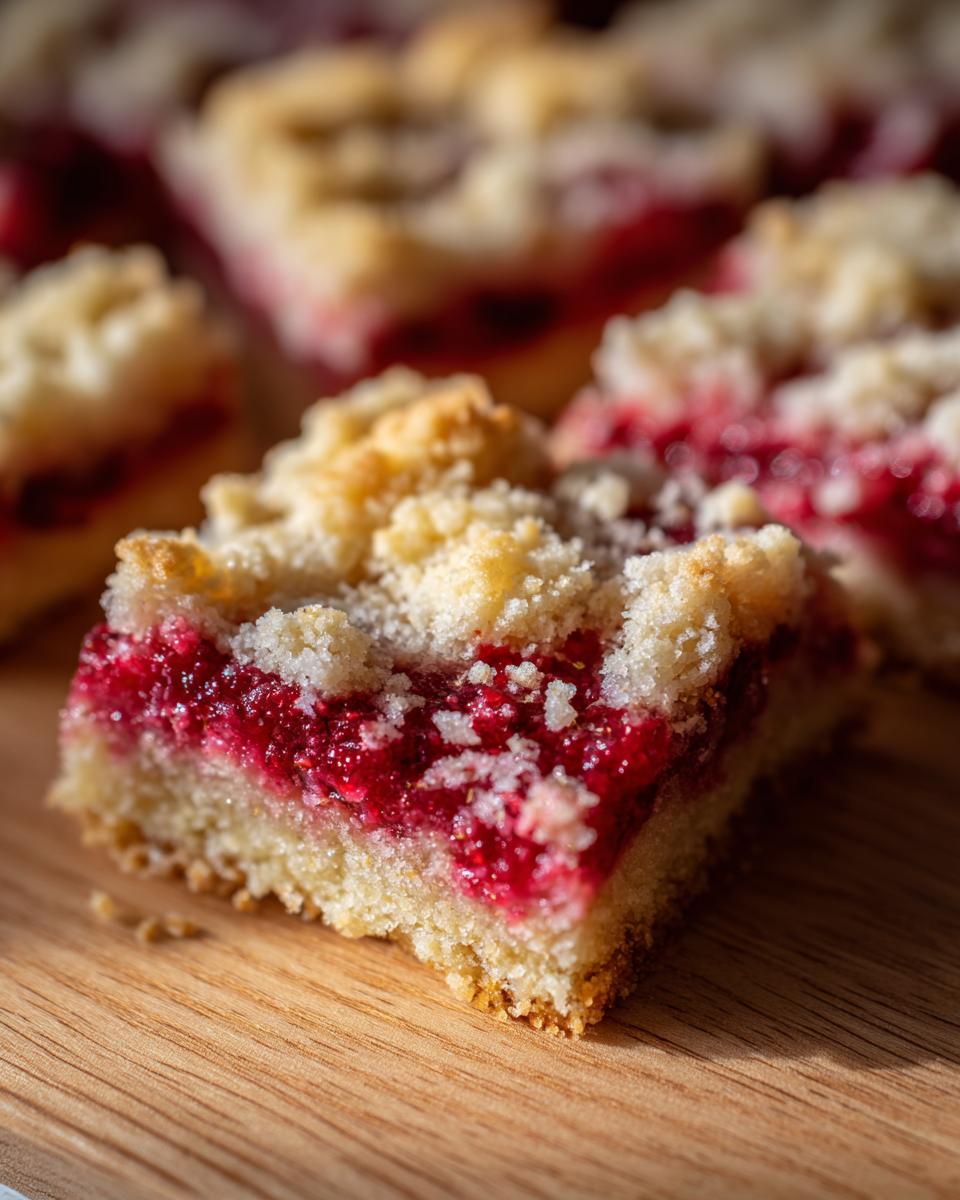 A close-up, macro shot of a freshly cut raspberry shortbread bars slice showing the thick raspberry filling and crumb topping.