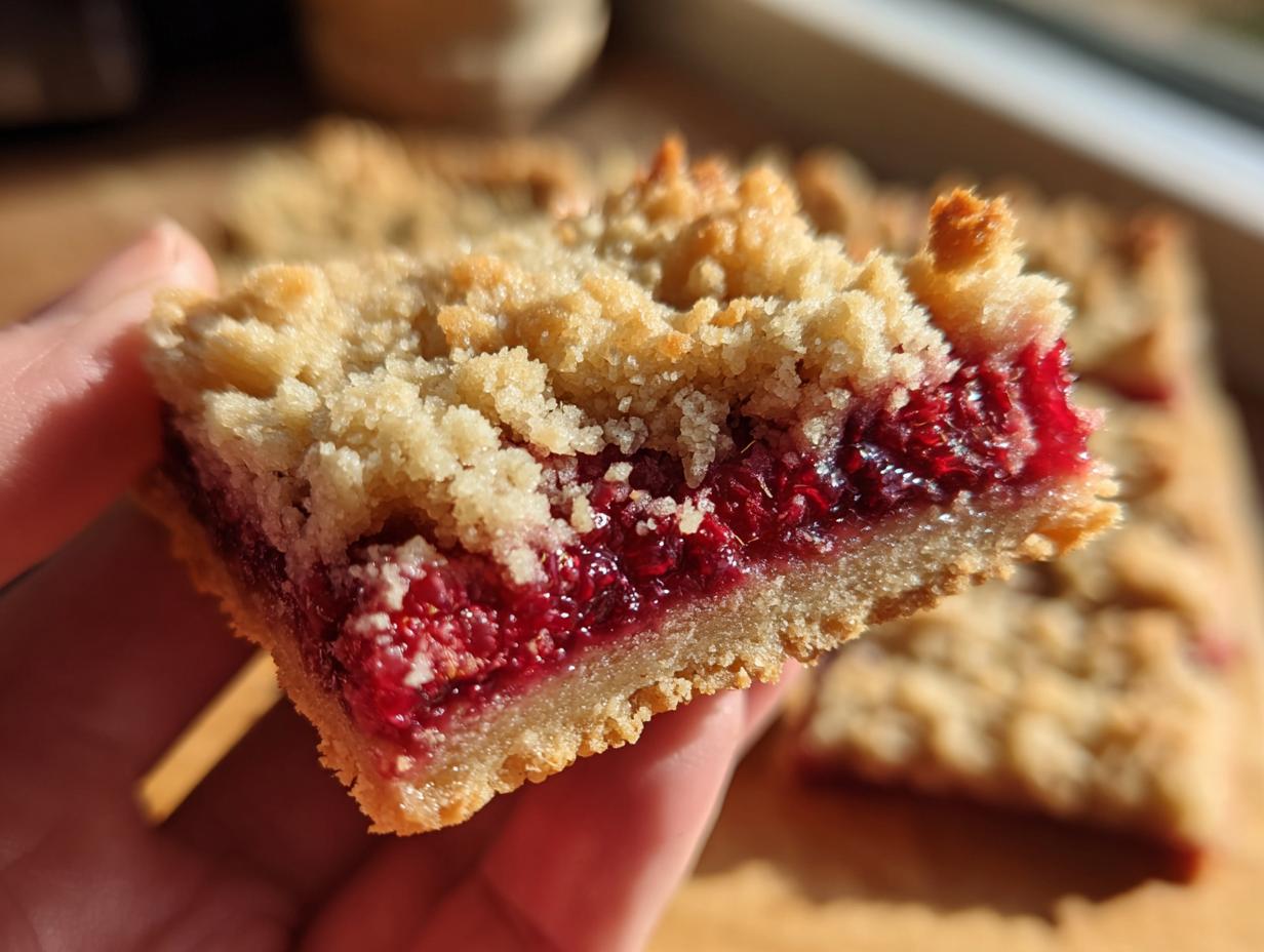 A hand holds a thick, square slice of raspberry shortbread bars, showing the bright red raspberry filling and crumbly topping.