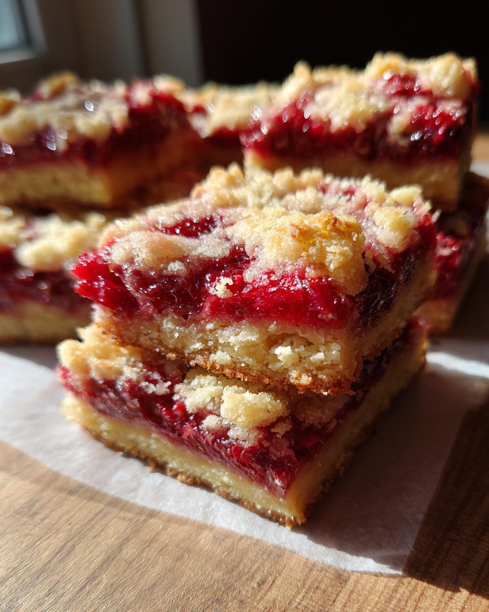 Two stacked squares of bright red raspberry shortbread bars with a crumbly topping, catching the sunlight.