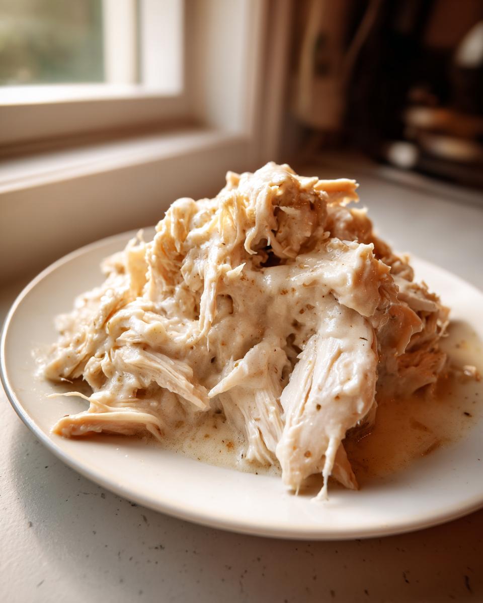 Shredded, creamy crockpot olive garden chicken piled high on a white plate, ready to serve.
