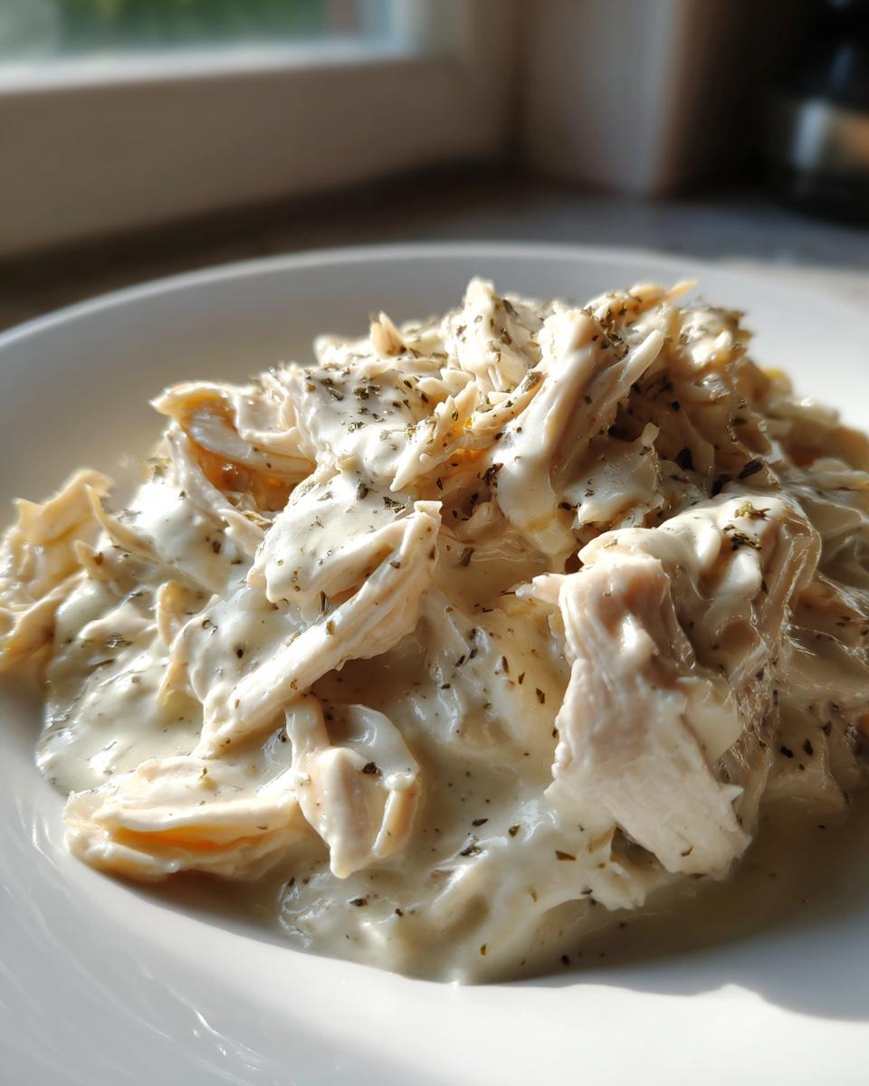 Close-up of shredded chicken coated in a creamy white sauce and seasoned with herbs, representing crockpot olive garden chicken.