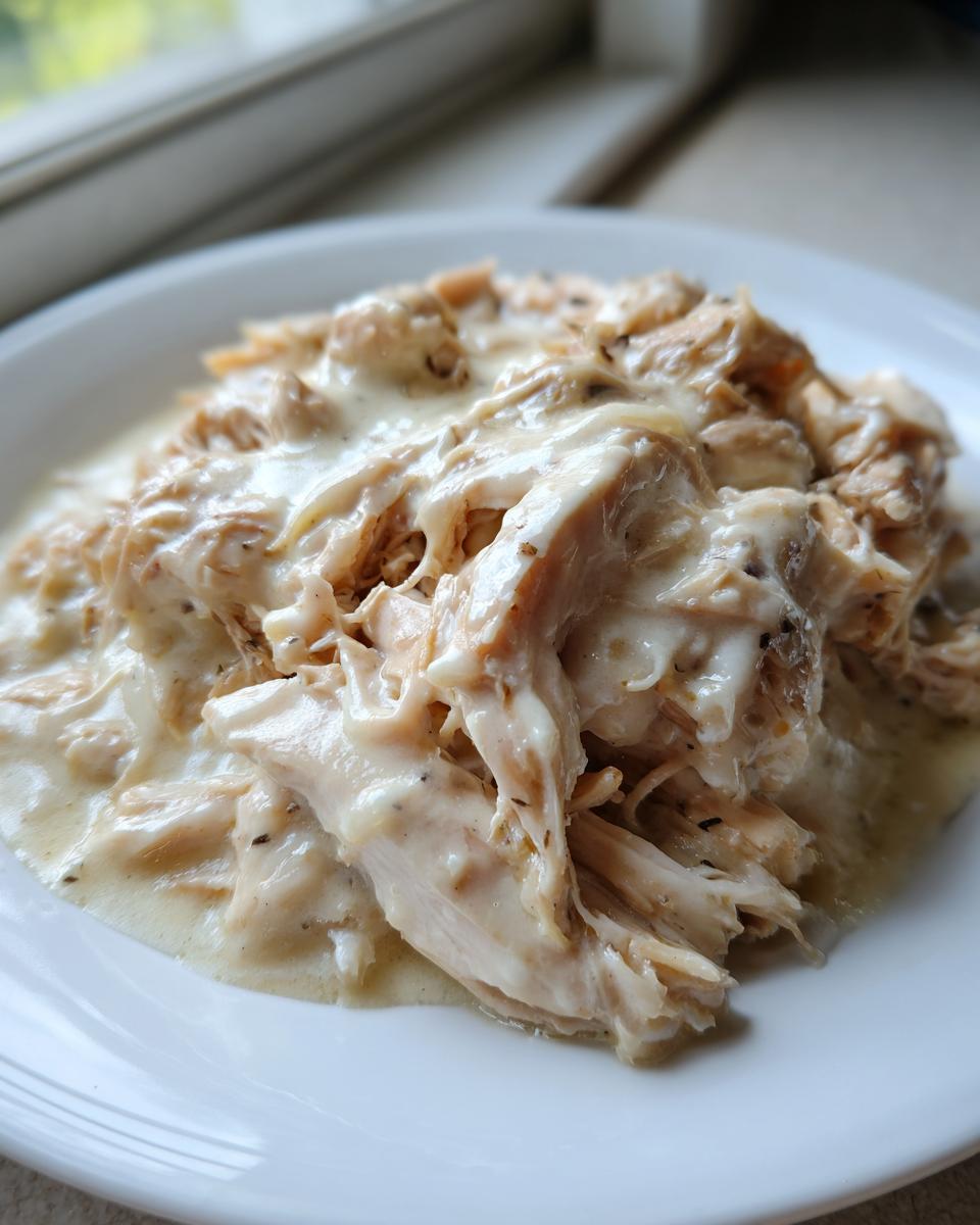 Close-up of shredded crockpot olive garden chicken smothered in a creamy white sauce on a white plate.