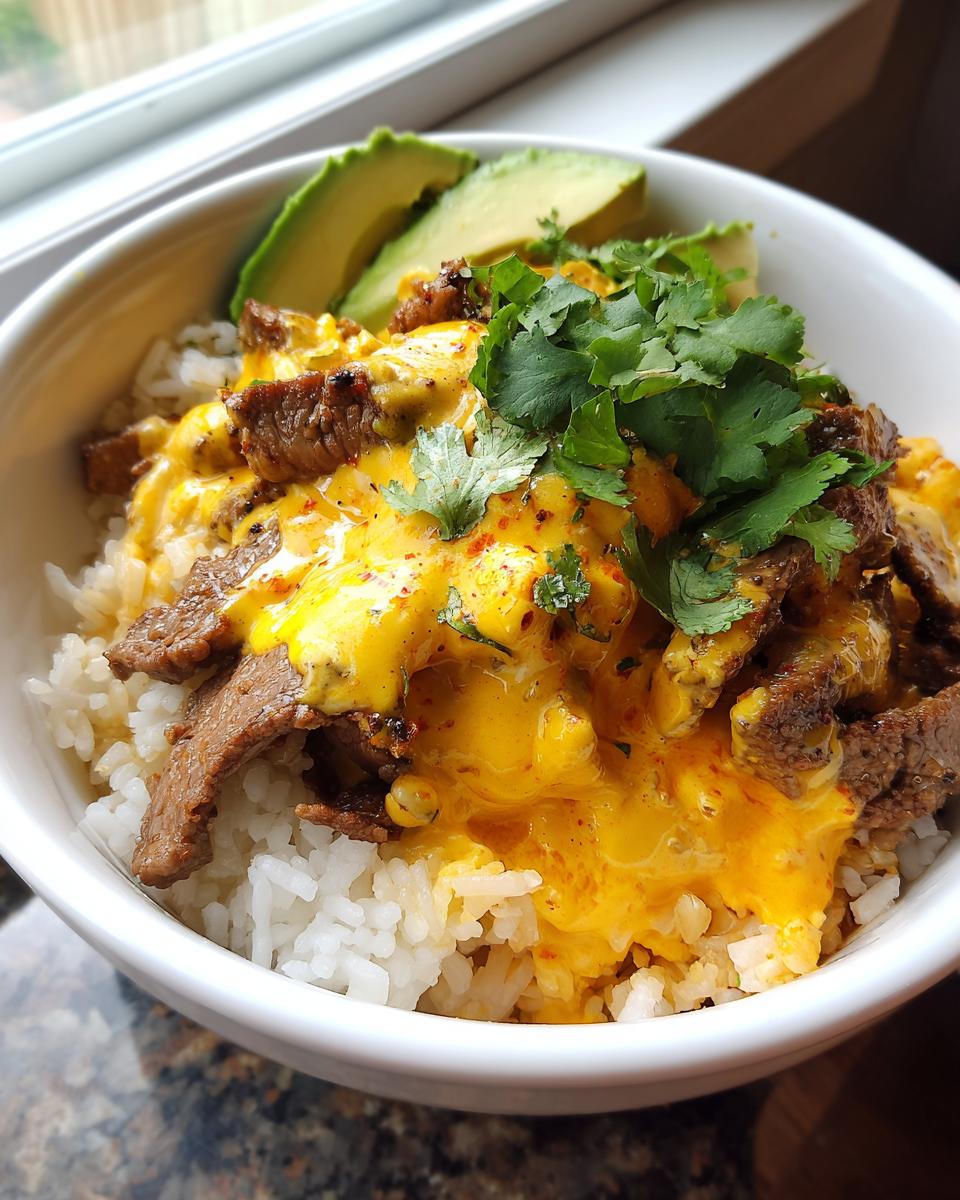 A close-up view of a delicious steak queso rice bowl topped with sliced steak, bright yellow queso, fresh cilantro, and avocado slices.