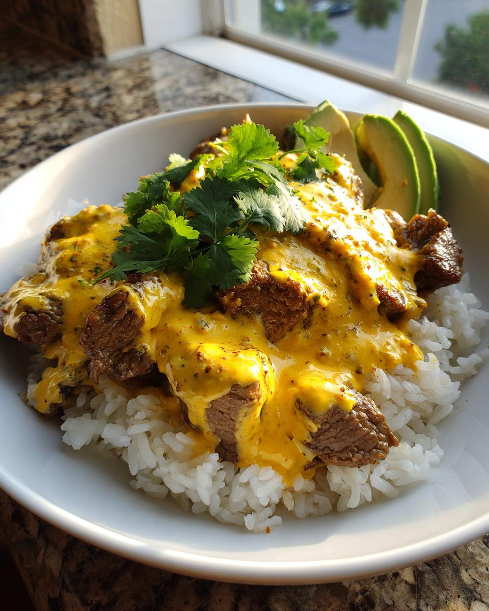 A close-up of a steak queso rice bowl featuring white rice topped with seasoned steak, bright yellow queso sauce, cilantro, and avocado slices.