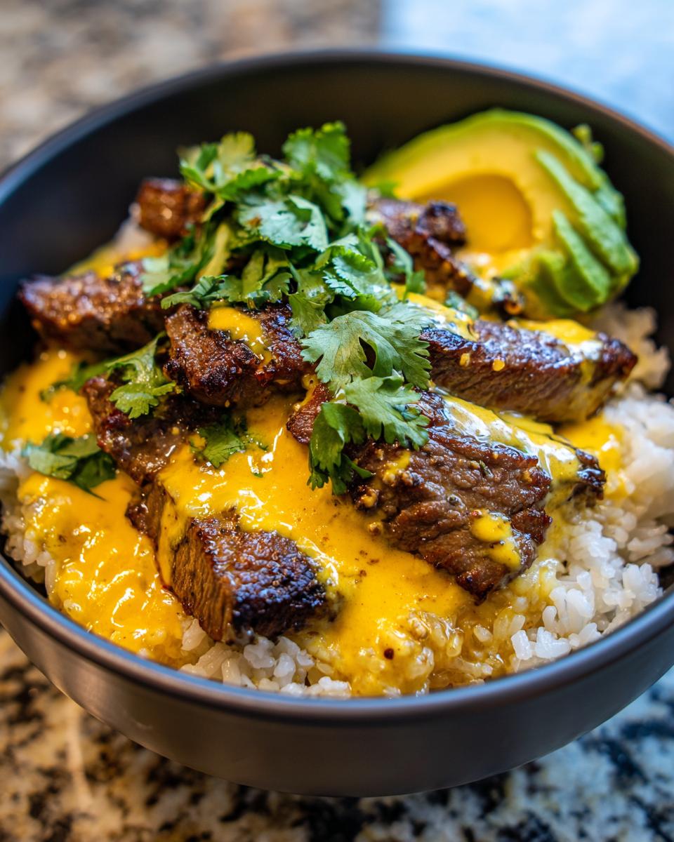 Close-up of a steak queso rice bowl featuring seasoned steak pieces over white rice, covered in bright yellow queso sauce, topped with cilantro and avocado slices.
