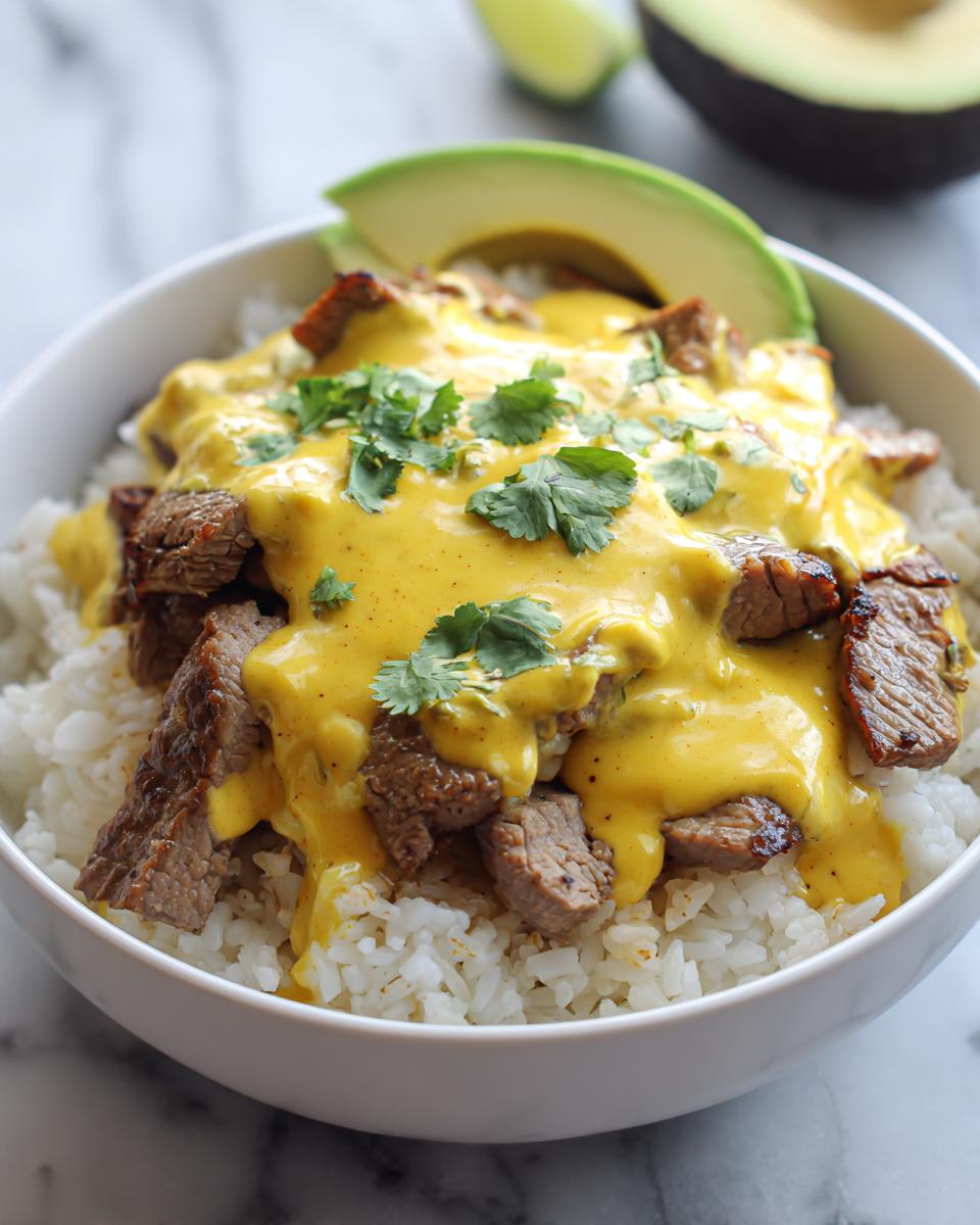 Close-up of a steak queso rice bowl featuring white rice, seasoned steak pieces, bright yellow queso sauce, and cilantro garnish.