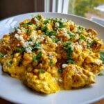 Close-up of a creamy street corn chicken dinner topped with crumbled white cheese and fresh cilantro.