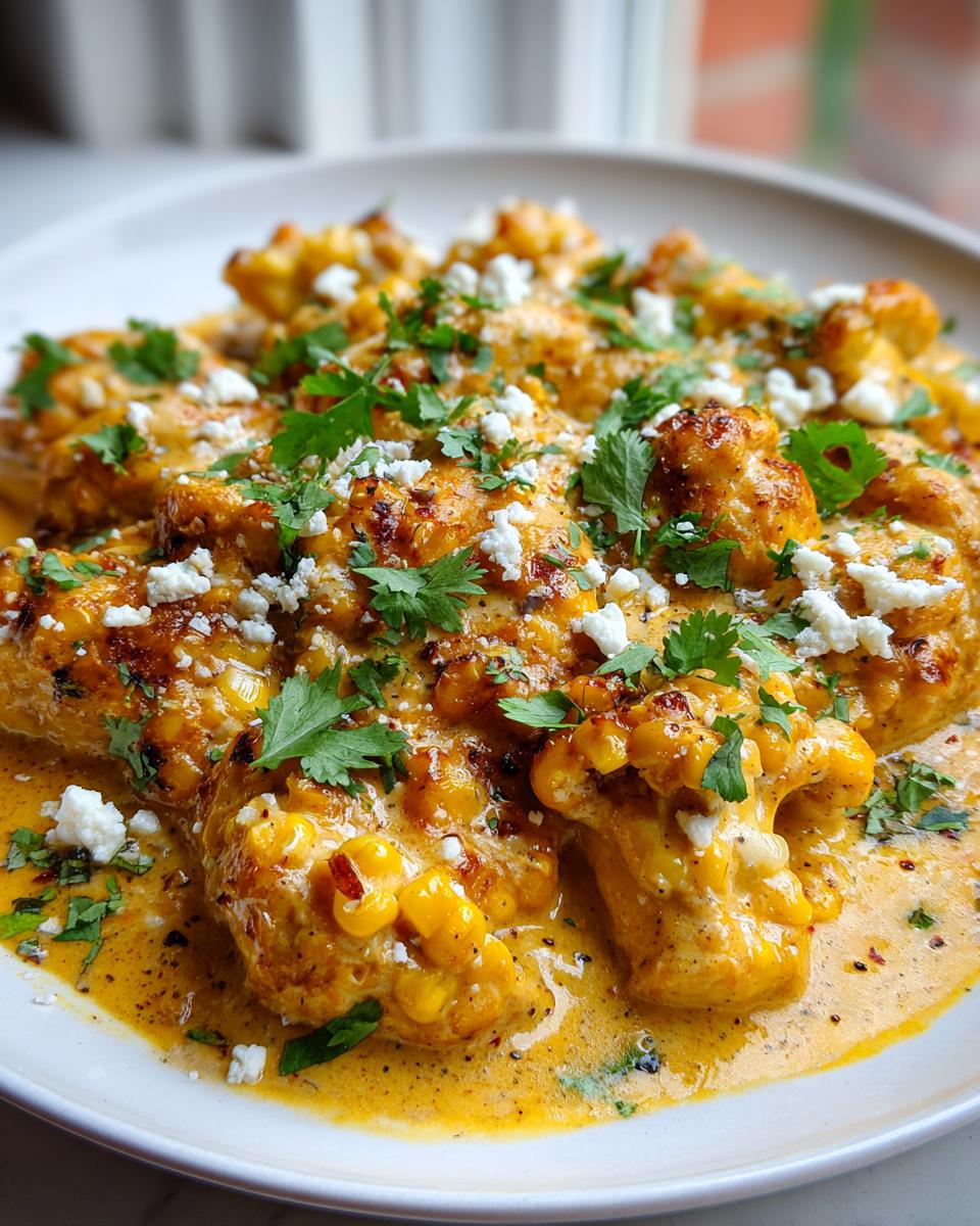 Close-up of juicy chicken breasts smothered in a creamy, yellow street corn sauce, topped with cotija cheese and cilantro.