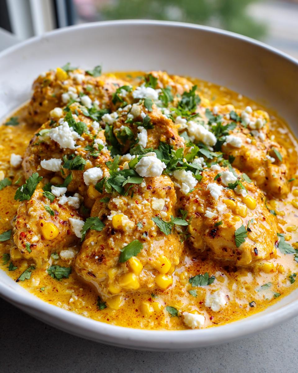 Close-up of creamy street corn chicken dinner topped with cotija cheese and cilantro.