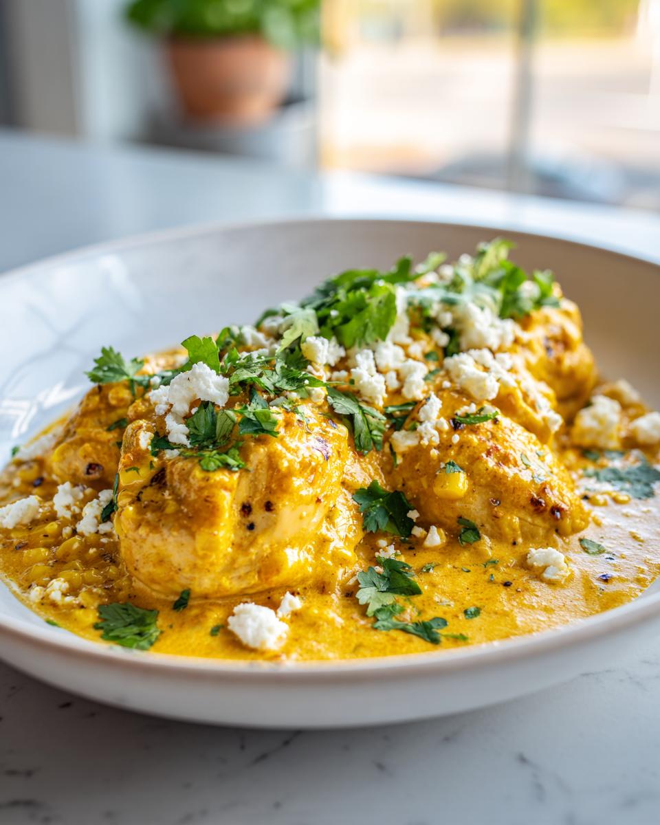 Close-up of creamy, yellow street corn chicken dinner topped with crumbled white cheese and fresh cilantro.