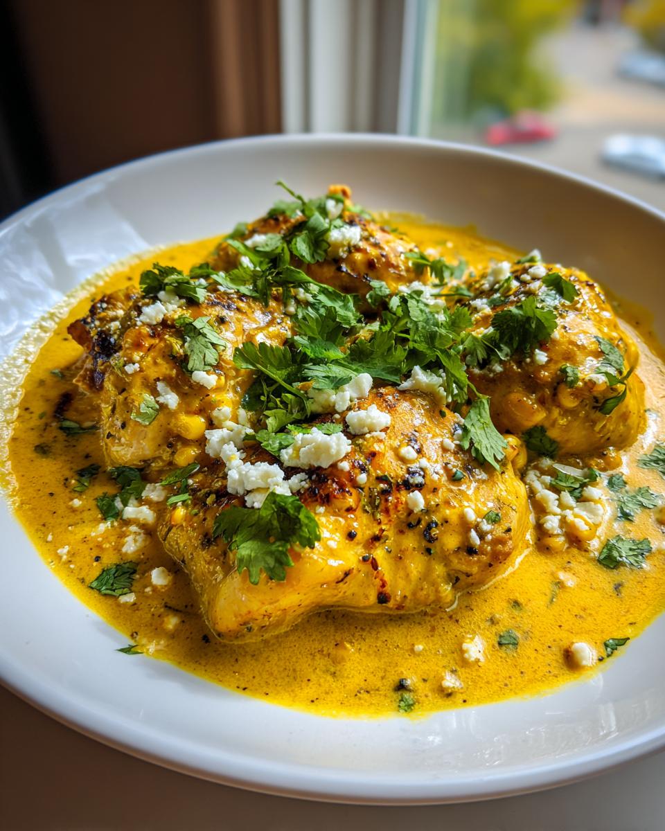 Close-up of juicy chicken breasts covered in a creamy, yellow street corn sauce, topped with cotija cheese and fresh cilantro.