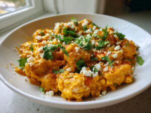 A bowl of creamy, orange-sauced chicken pieces mixed with corn kernels, topped with crumbled white cheese and fresh cilantro for a street corn chicken dinner.