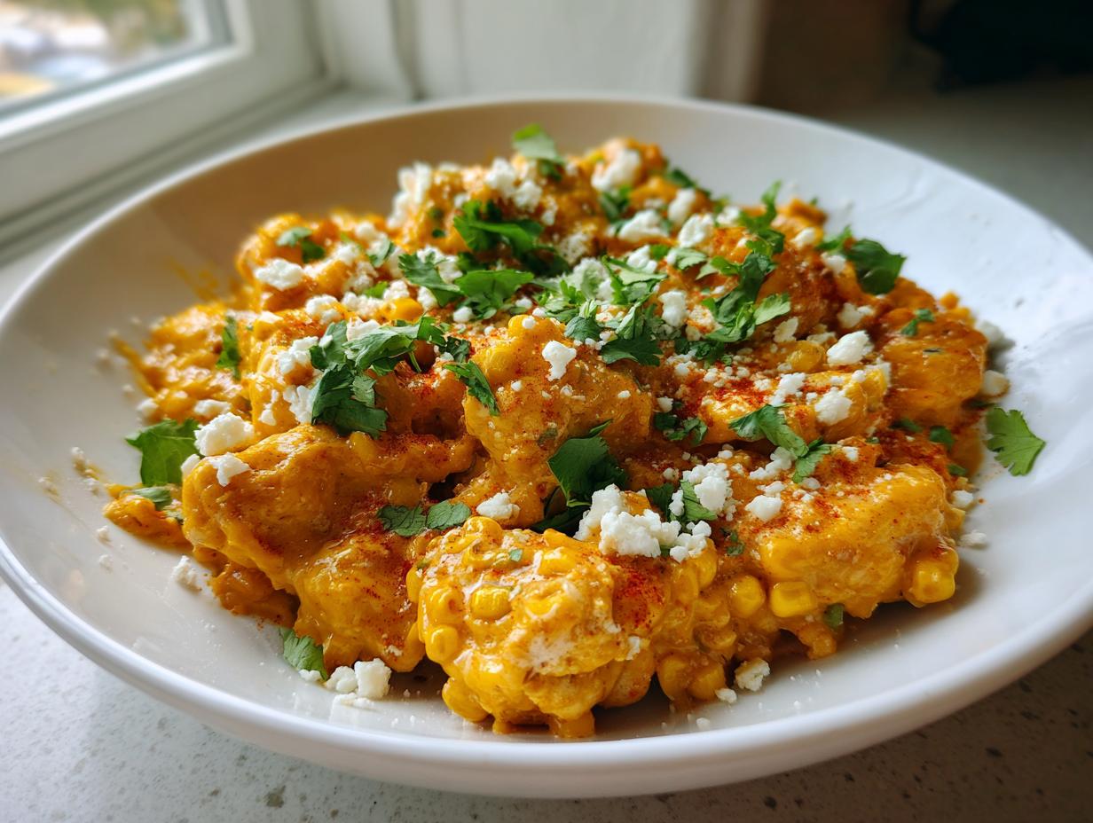 A bowl of creamy, orange-sauced chicken pieces mixed with corn kernels, topped with crumbled white cheese and fresh cilantro for a street corn chicken dinner.