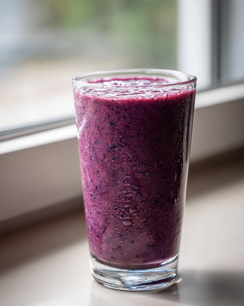 A tall glass filled with a thick, deep purple blueberry yogurt smoothie, showing condensation droplets on the outside.