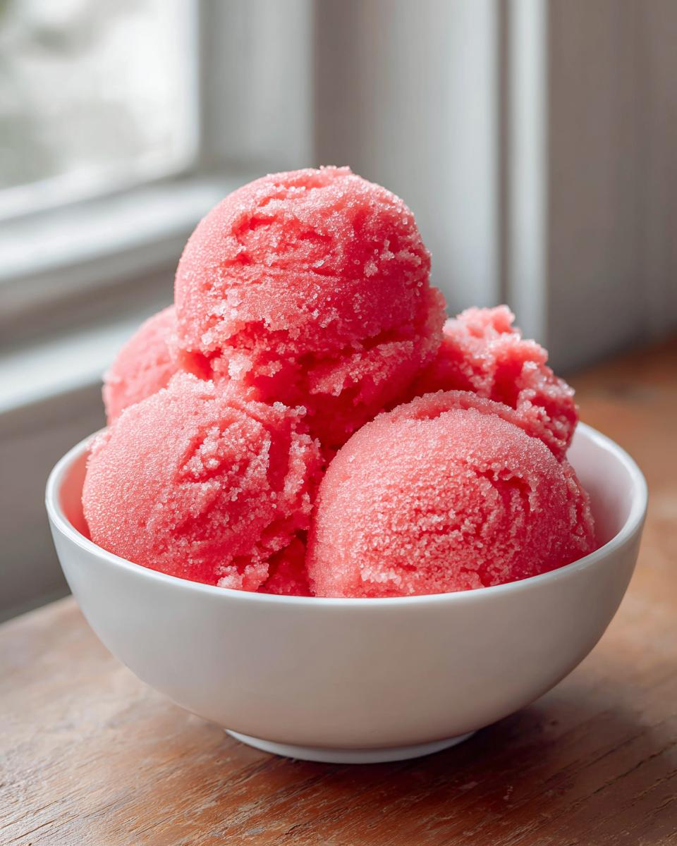 Several scoops of bright pink, icy watermelon sorbet piled high in a white bowl.
