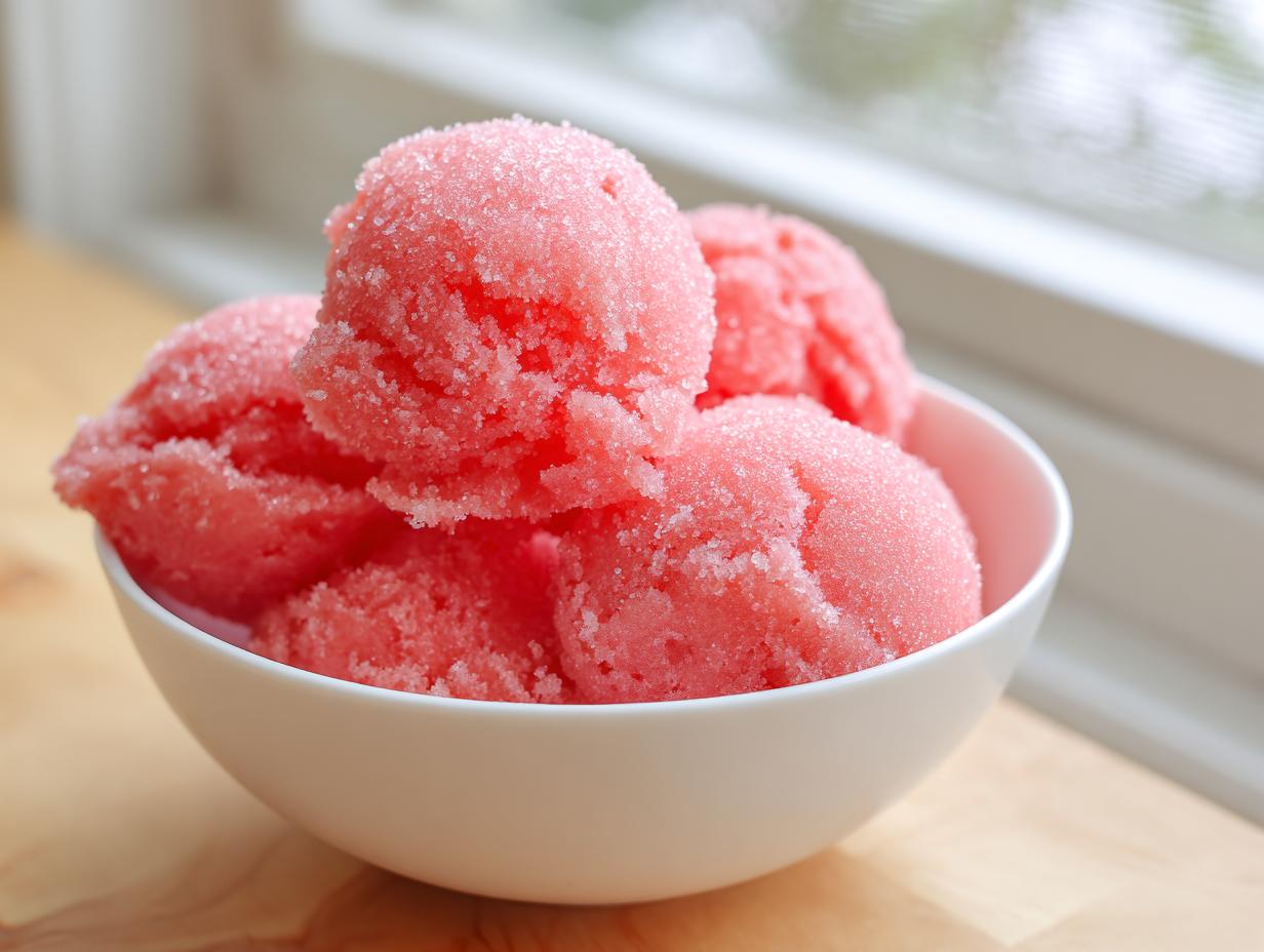 Close-up of several scoops of bright pink, icy watermelon sorbet dusted with sugar in a white bowl.