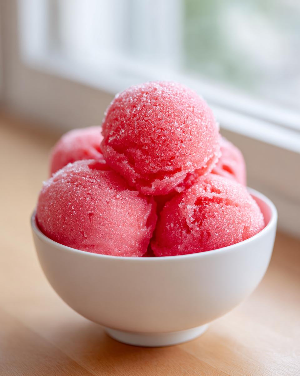 Four scoops of bright pink, sugary watermelon sorbet served in a white bowl.
