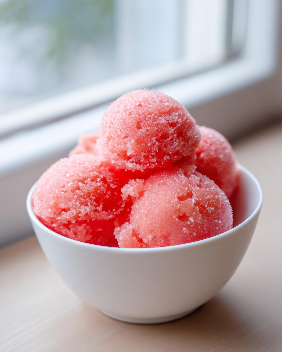 Close-up of several scoops of bright pink, icy watermelon sorbet sprinkled with sugar in a white bowl.