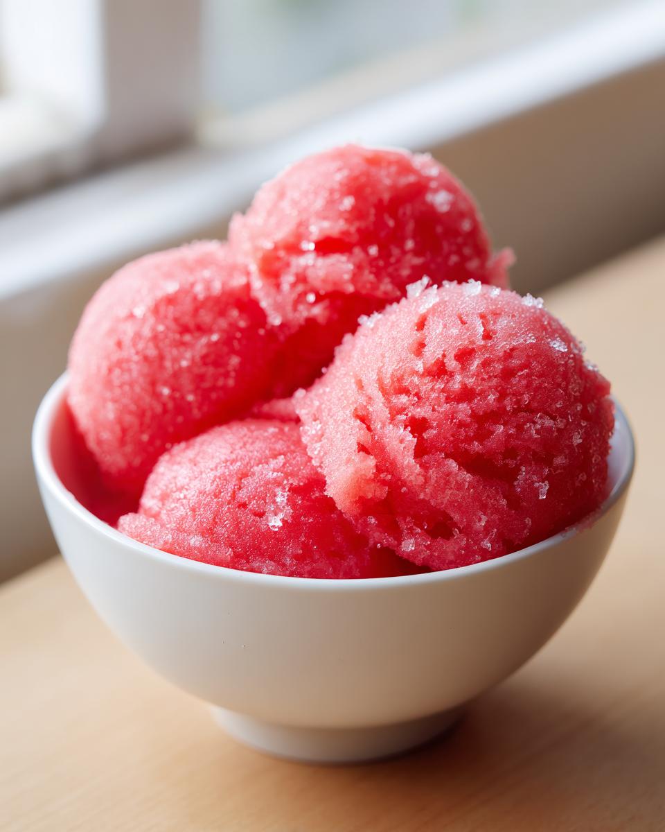 Four scoops of vibrant red watermelon sorbet, lightly sprinkled with sugar crystals, served in a white bowl.